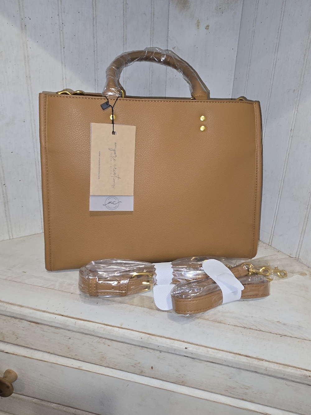 Structured Tan Satchel Handbag with Removable Straps